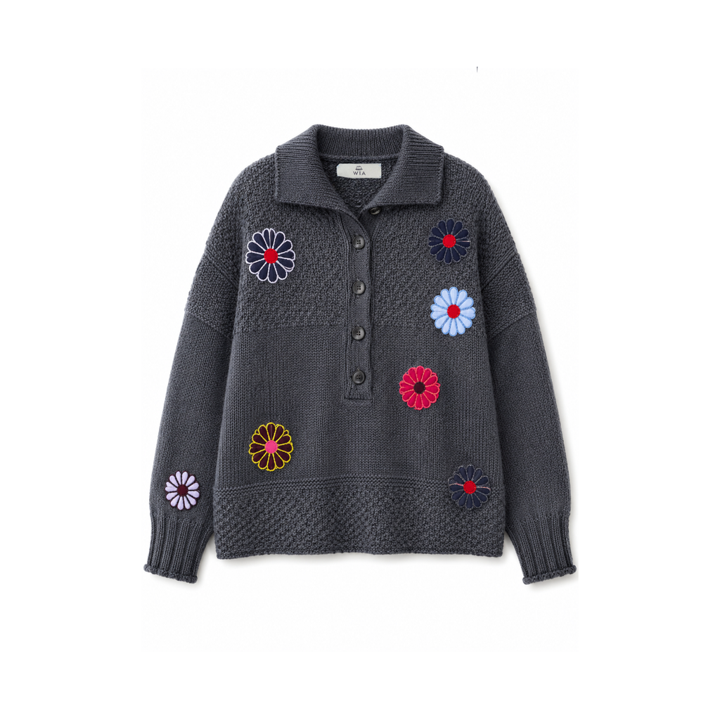 Grey Floral Beaded Knit Sweater