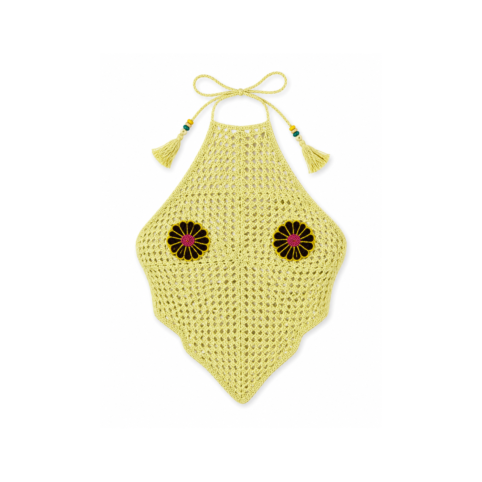 Crochet Halter Top with Beaded Daisy Patches - Yellow