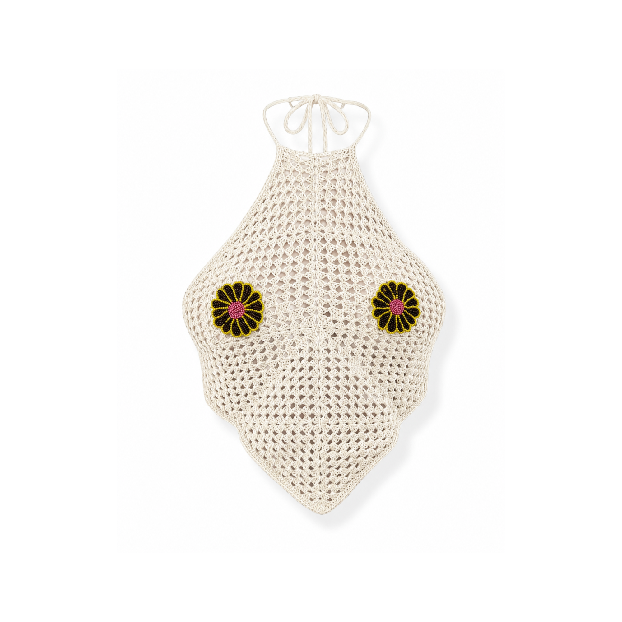 Crochet Halter Top with Beaded Daisy Patches - White