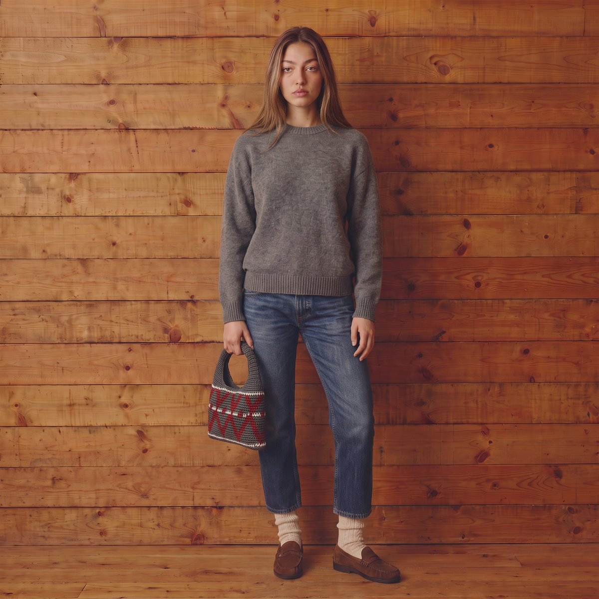 Grey Small Wool Hobo Bag