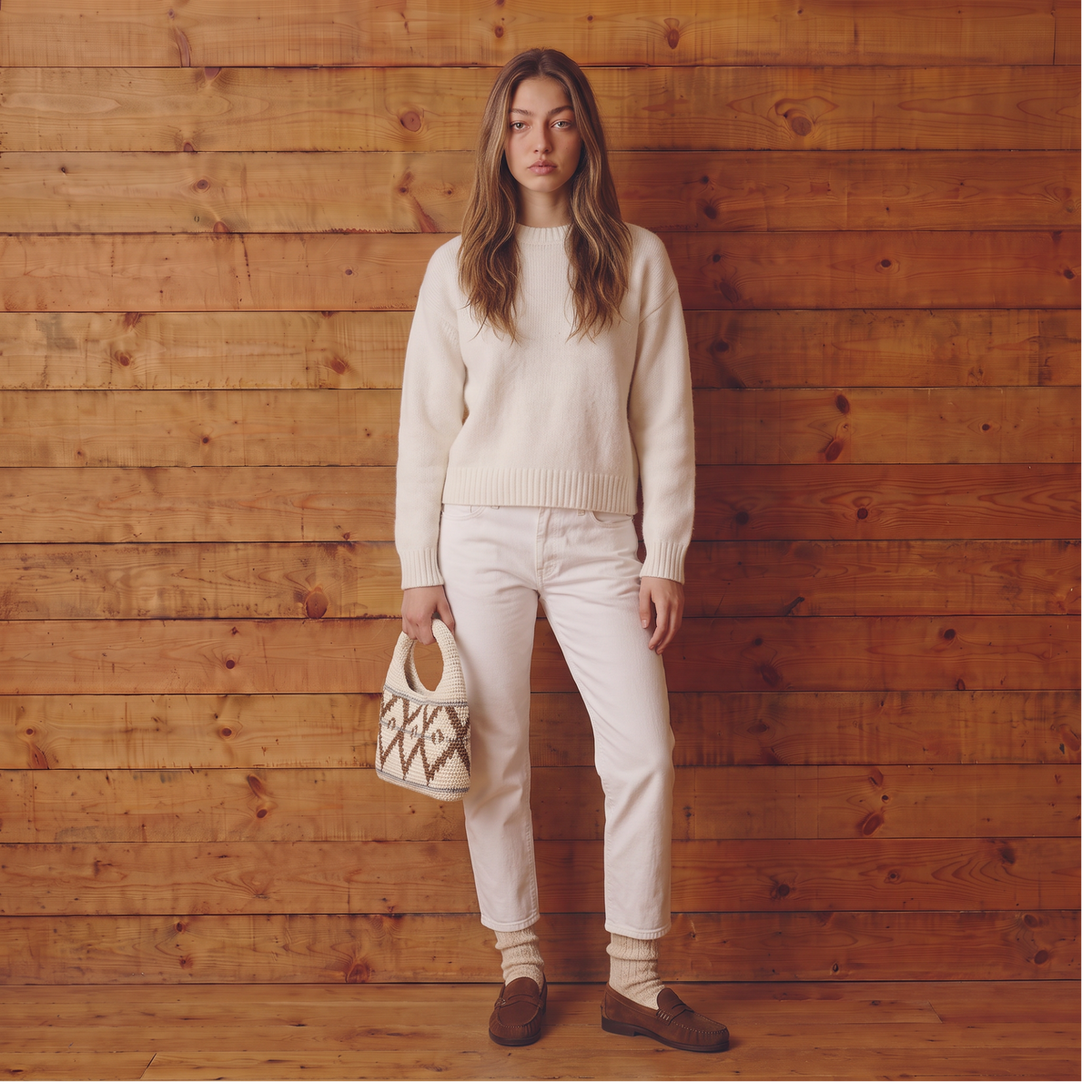 White Small Wool Hobo Bag