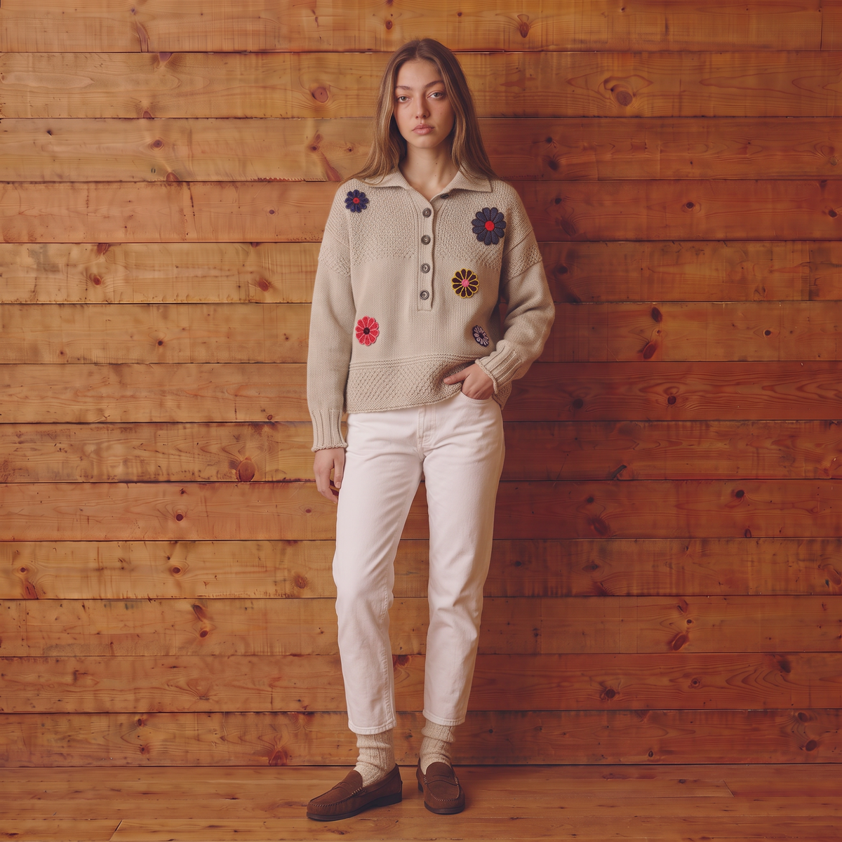 Beige Floral Beaded Knit Sweater
