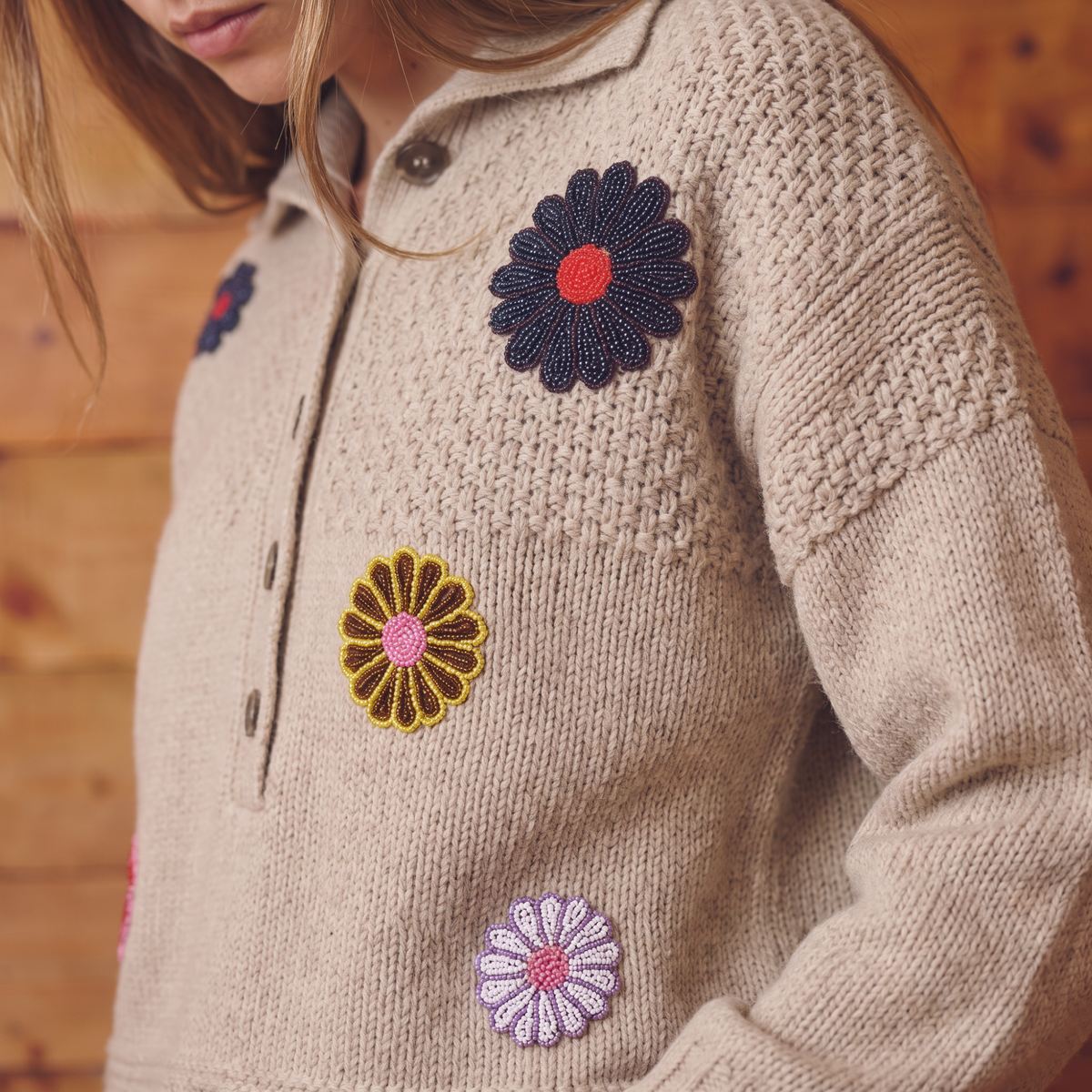 Beige Floral Beaded Knit Sweater