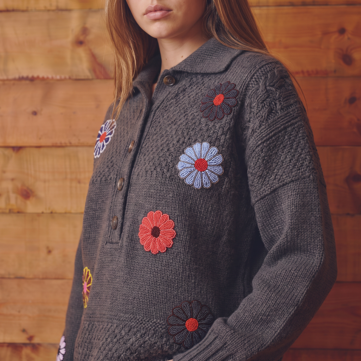 Grey Floral Beaded Knit Sweater