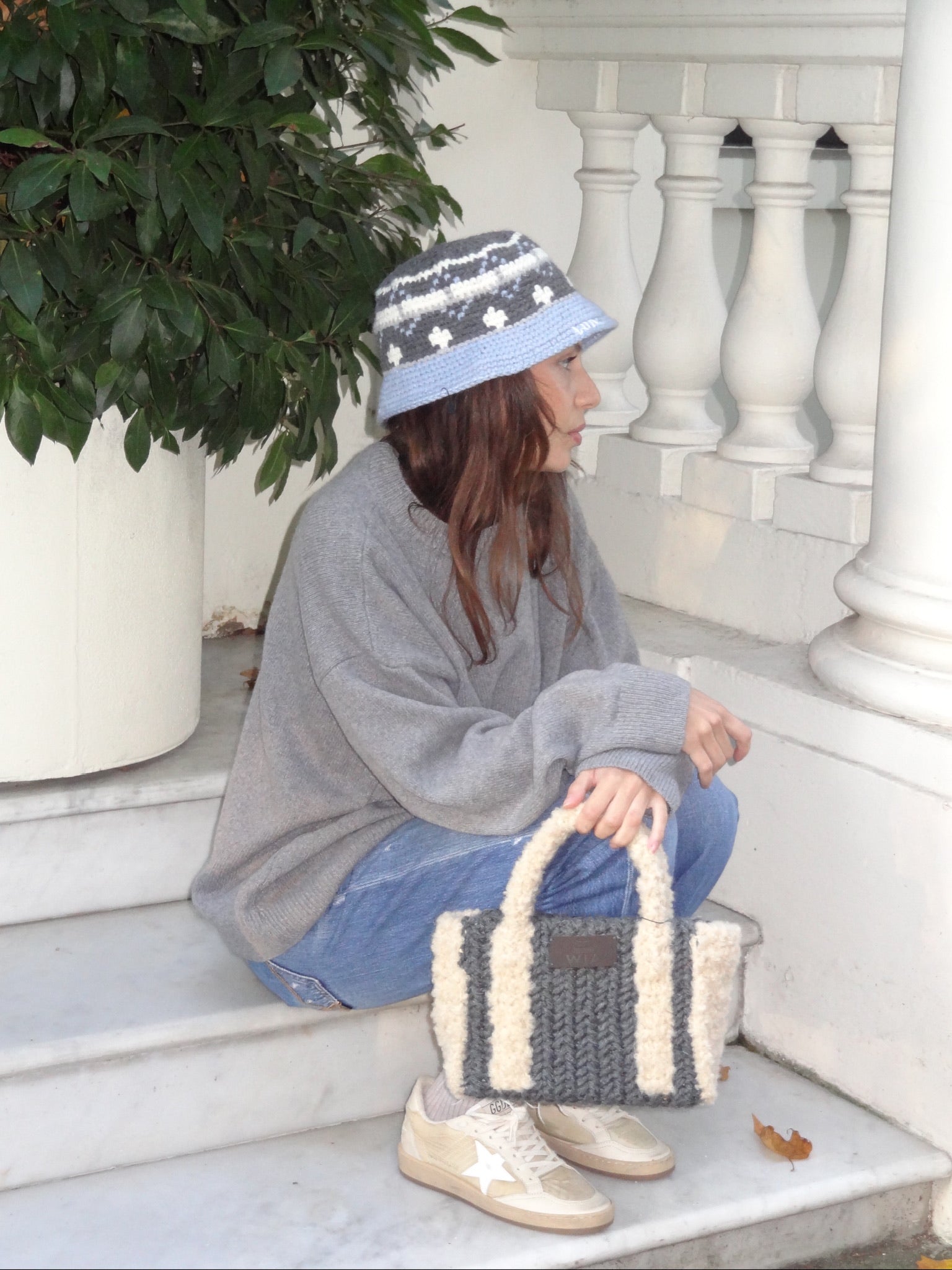 Baby Blue and Grey Wool Bucket Hat