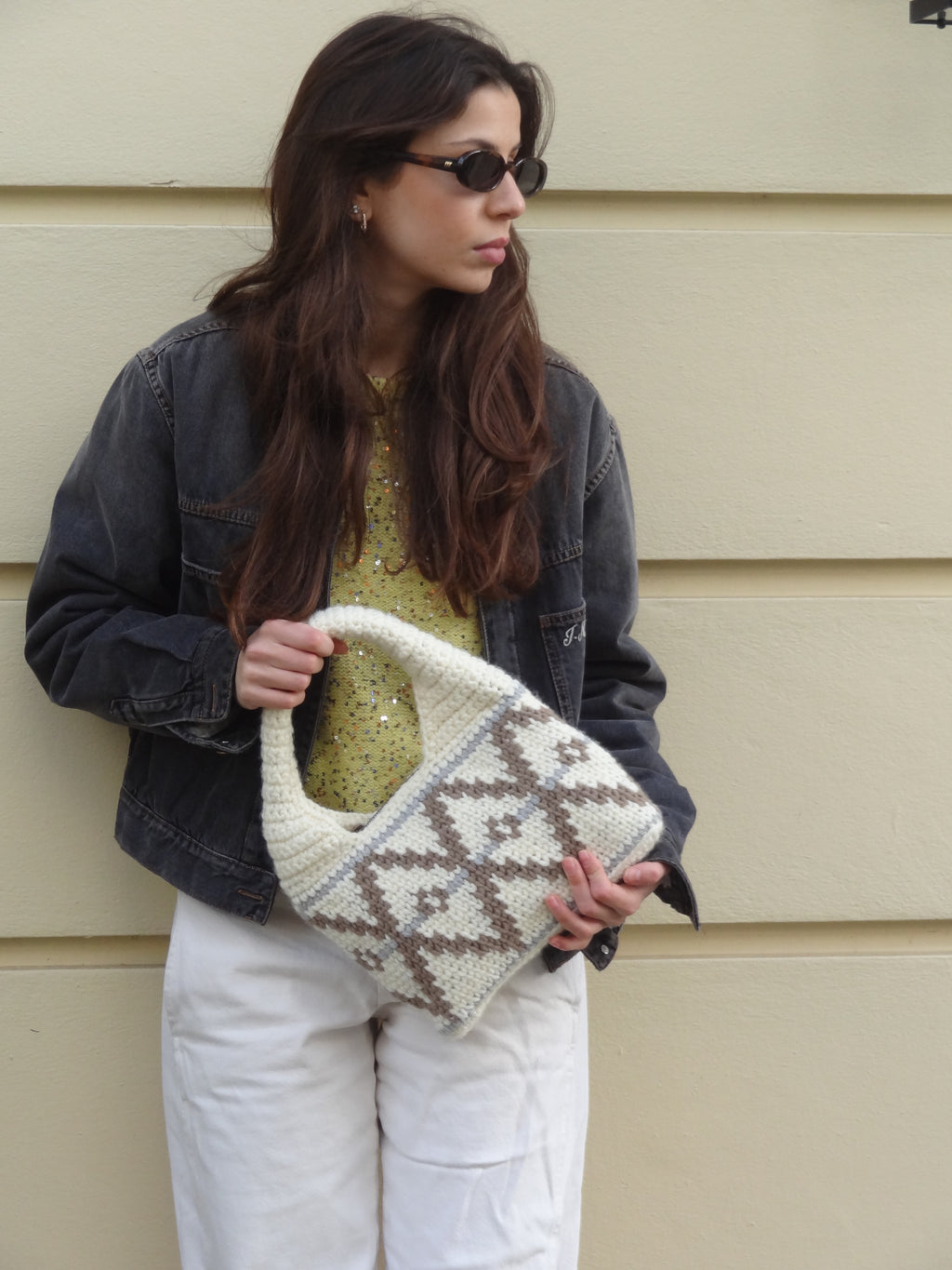 White Small Wool Hobo Bag