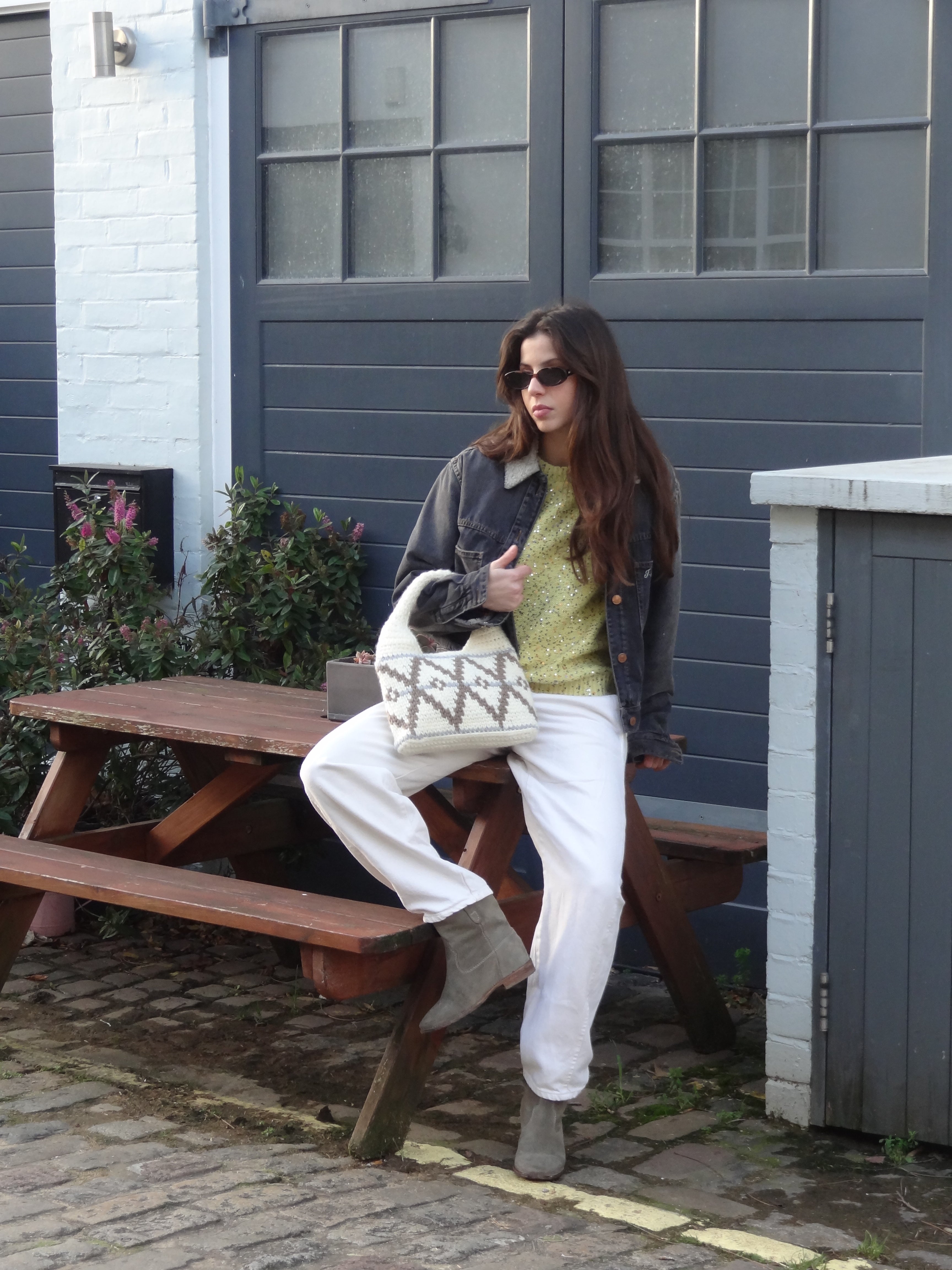 White Small Wool Hobo Bag