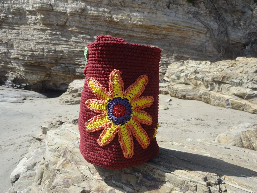 Embroidered Flower Tote in Burgundy