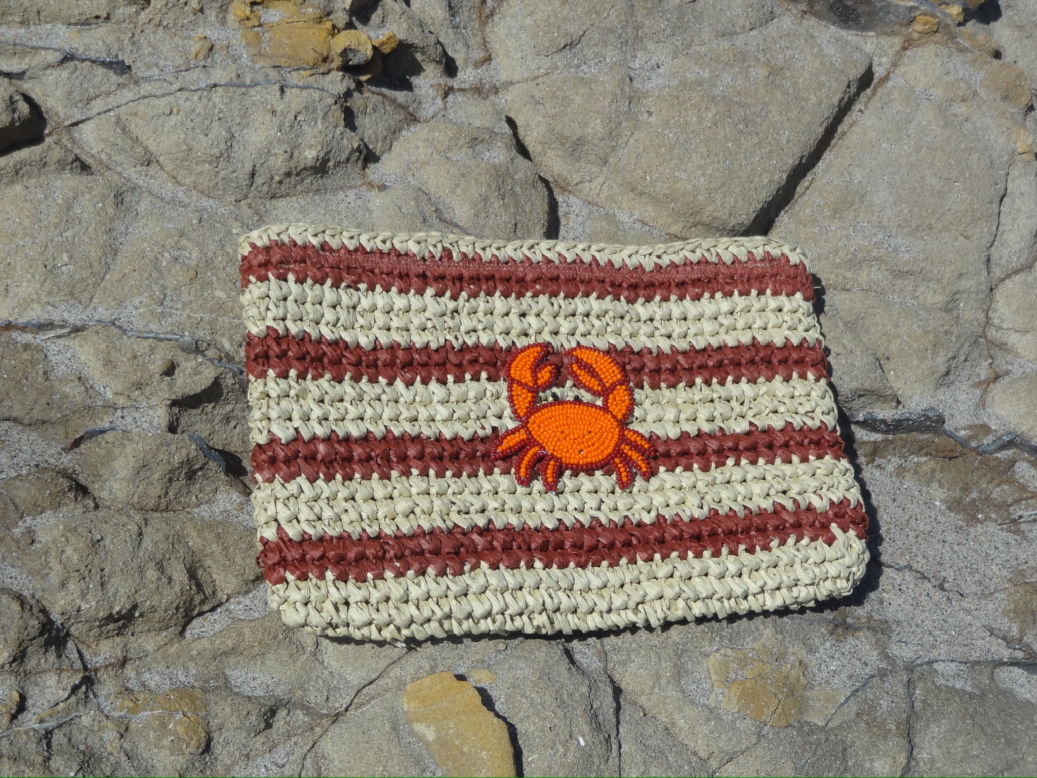 Straw Crab Striped Clutch