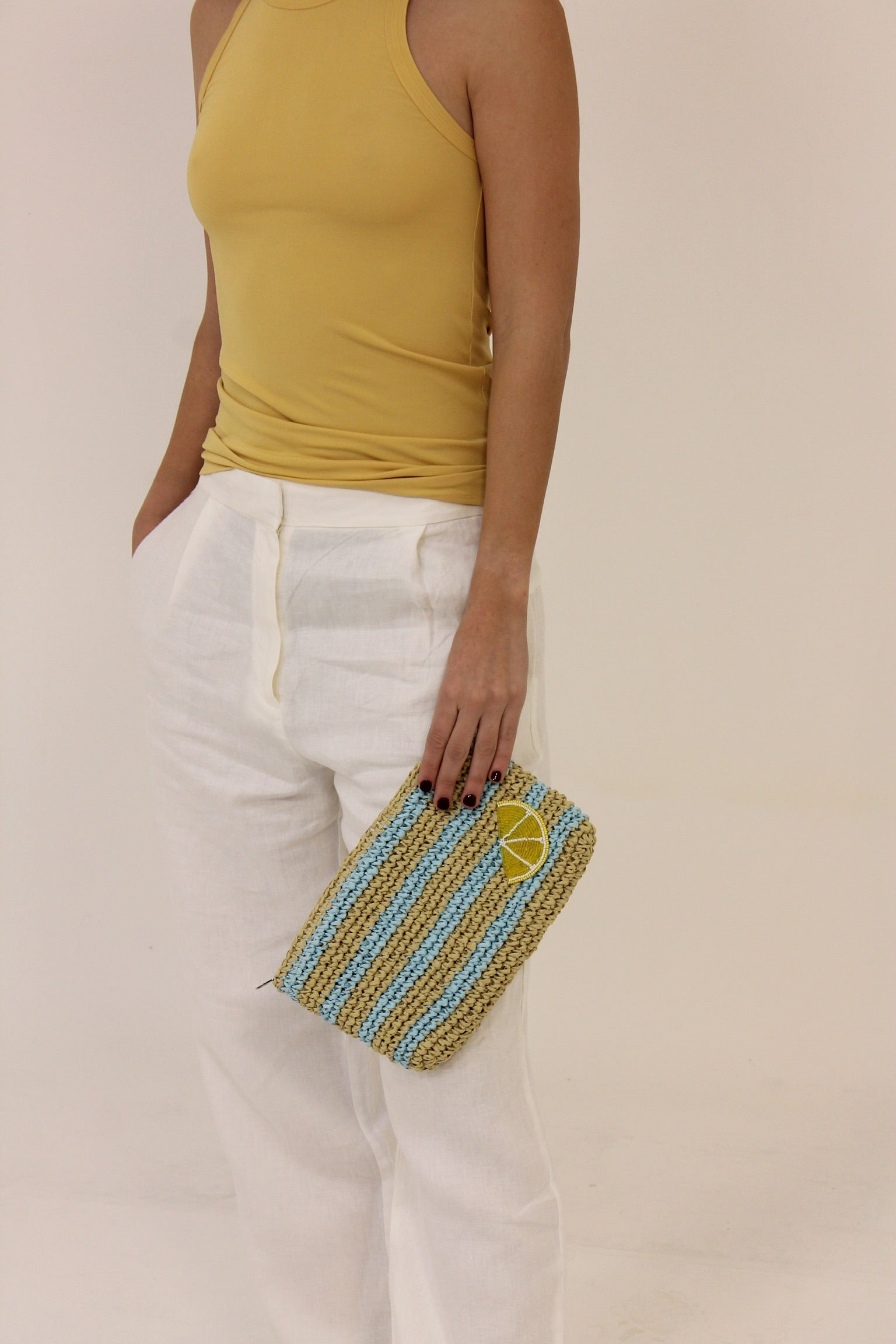 Straw Lemon Striped Clutch