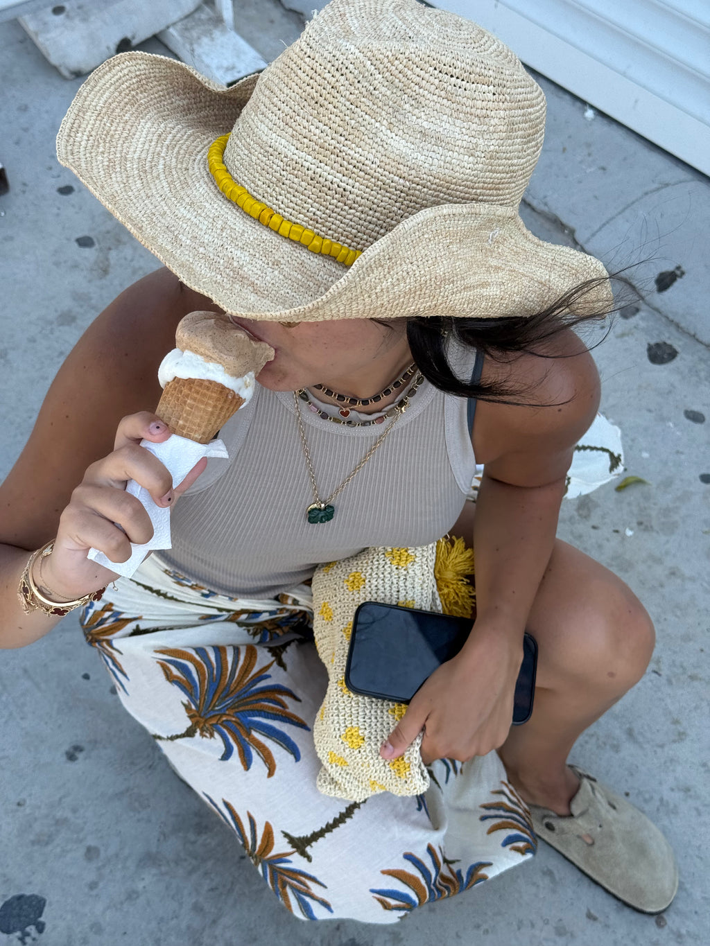 Beaded Raffia Hat in Natural with Yellow Beads