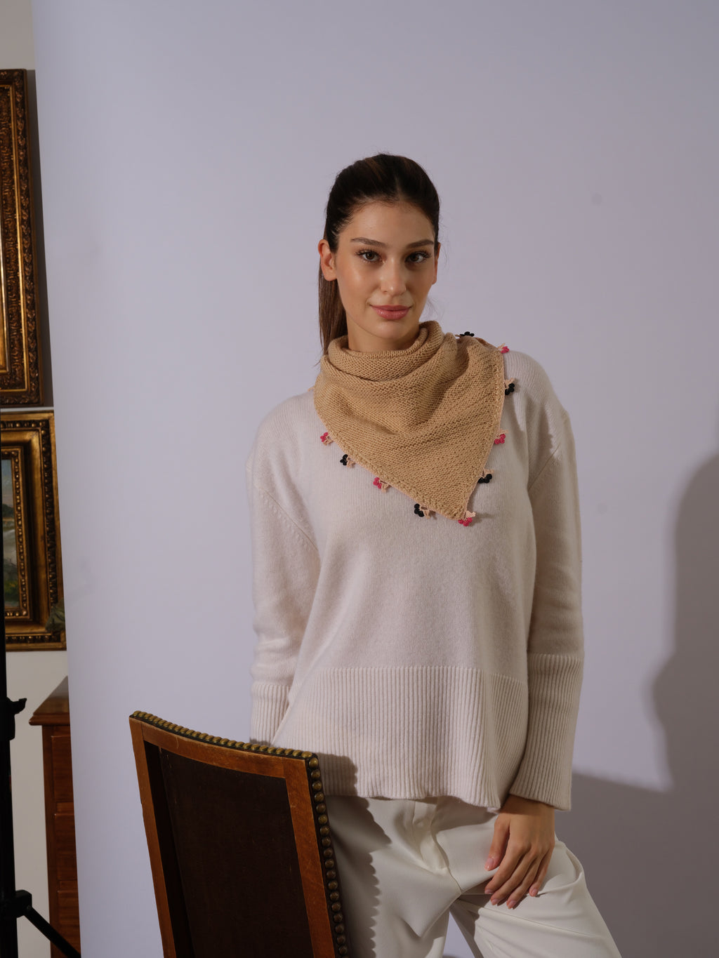 Beige Small Embroidered Bandana