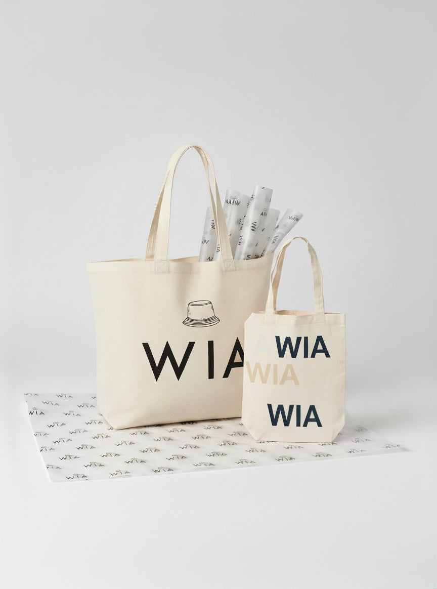 WIA reusable organic cotton tote bag packaging